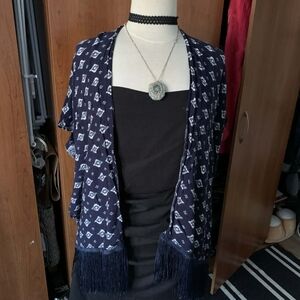 Navy Patterned Kimono with Fringe